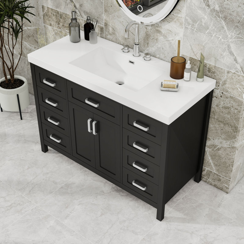 Meuble-lavabo en bois avec lavabo et tiroirs de rangement, Noir