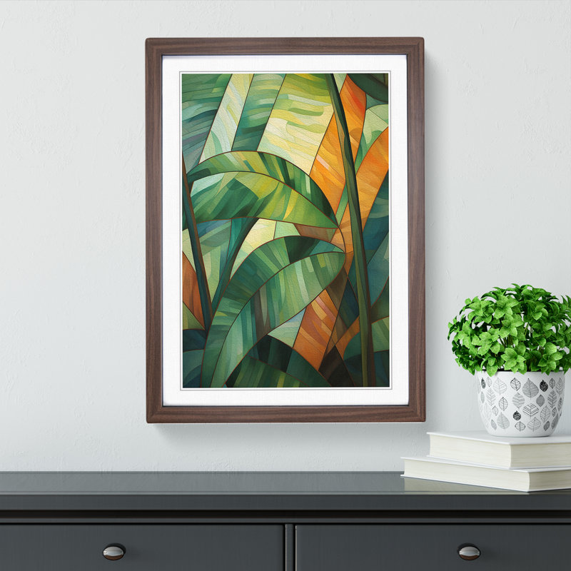Tropical Leaf Cubism - Single Picture Frame Print on Wood, Walnut Framed, 46cm H x 34cm W