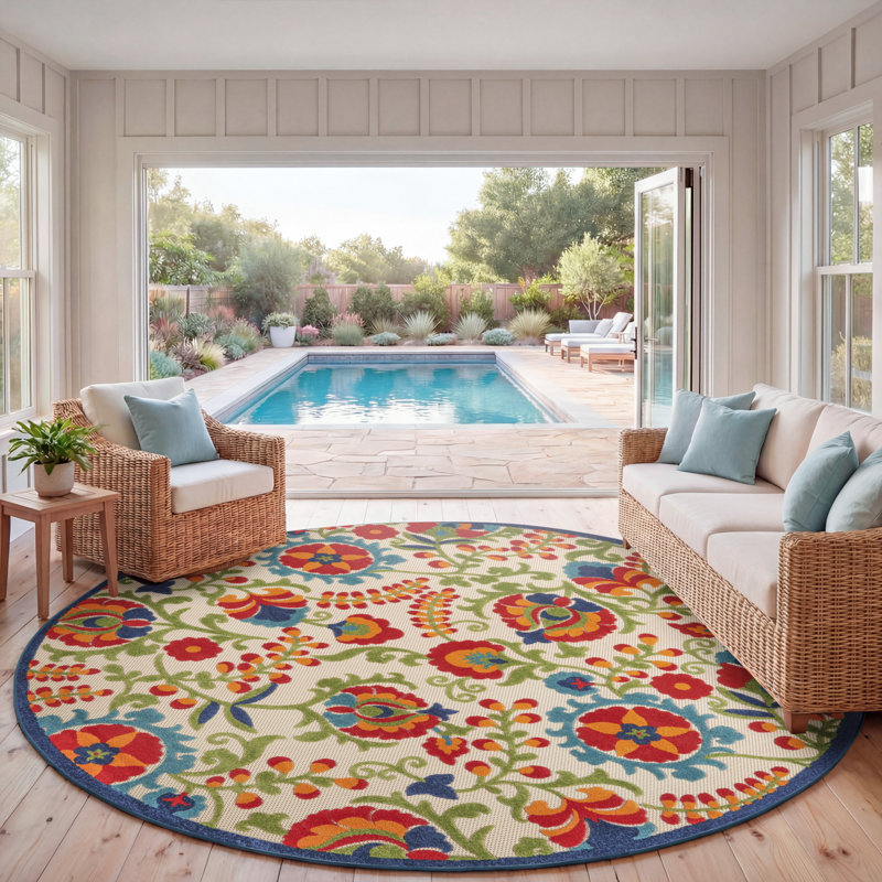 Tapis intérieur/extérieur Bernia floral ivoire/rouge/vert, Rond 7 pi 10 po
