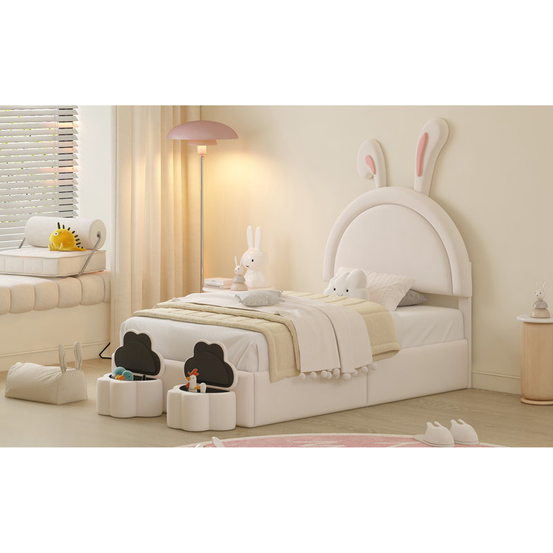 Lit simple tapissier en forme de lapin avec 2 tabourets de rangement, lit plateforme en velours avec tête de lit à oreilles de dessin animé, blanc