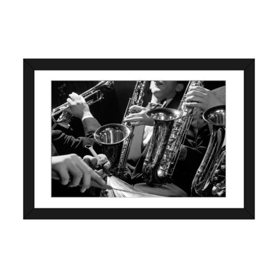 " 1960s Hands Of Anonymous Jazz Combo Playing Saxophones Trumpet And Cymbal With Wire Brush Drumstick "