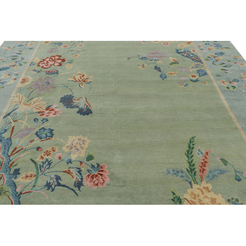 Rug & Kilim’S Oversized Chinese Art Deco Style Floral Rug In Green And Blue, Rectangle 9'10" x 14'2"