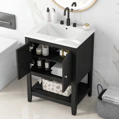 Meuble-lavabo moderne élégant de 24 po avec lavabo en céramique élégant, structure en bois massif et tablette ouverte pour un grand espace de rangement