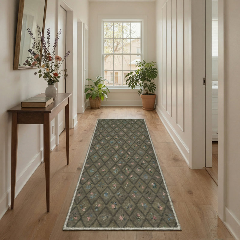 Auraflora Floral Machine Washable Brown Indoor Area Rug with Non-Slip Backing, Runner 2' x 6'