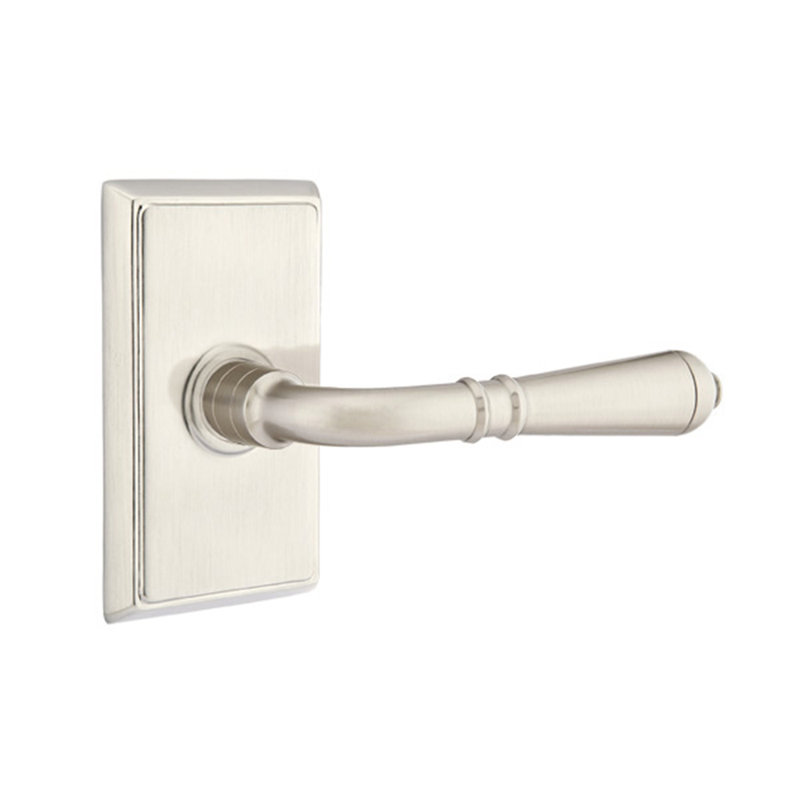 Turino Round Door Lever with Rectangle Rosette, Satin Nickel, Left