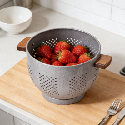 Colander With Wooden Handle And Stable Base, Large Kitchen Strainer Basket For Draining Pasta, Vegetables, And Fruits