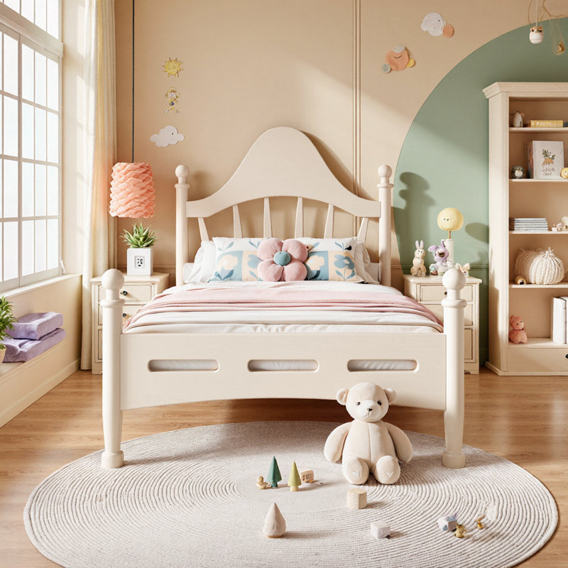 Lit plateforme en bois massif avec tête de lit courbée chic, cadre de lit à profil bas, Lit simple, Beige