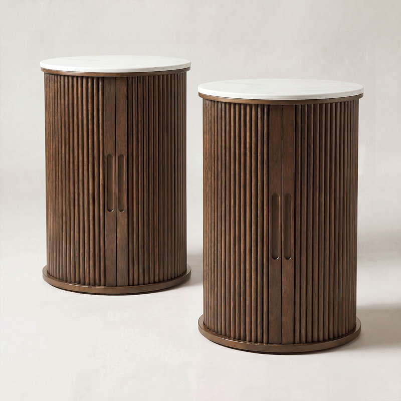 Fluted Round End Table&Nightstands with Storage Set of 2, Brown