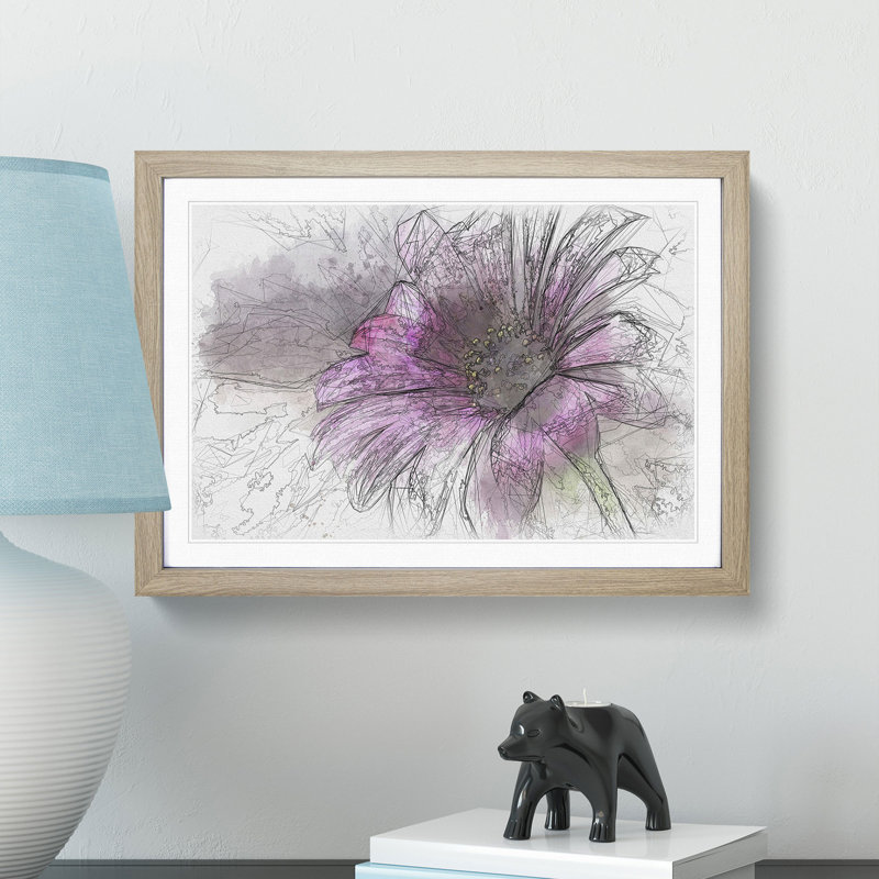 Purple Daisy Sketch - Picture Frame Graphic Art Print, 40cm H x 60cm W x 2cm D, Oak Framed