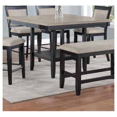 Table de salle à manger haute de style transitionnel contemporain avec plateau tournant de 50 cm, finition bois bicolore gris pâle, table de cuisine carrée de style campagnard avec étagère de rangement