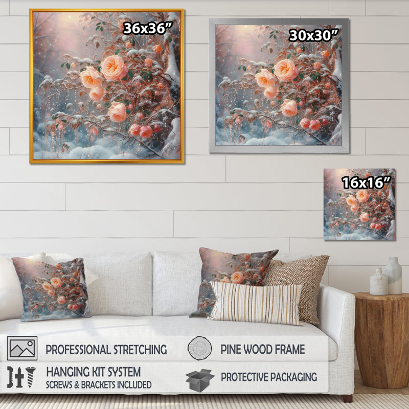 «Peach Enchanted Roses II», reproduction sur toile, Cadre photo noir, H 16 po x l 16 po x P 1 po