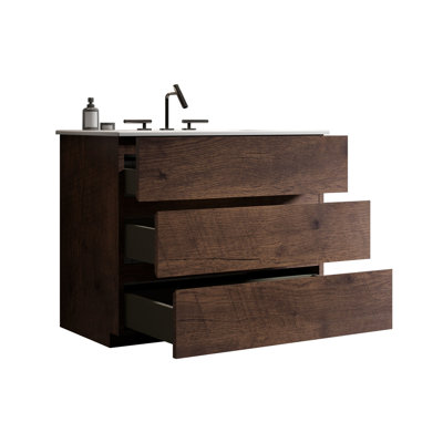Évier de meuble-lavabo moderne en noyer - Énorme rangement, lisse et silencieuse, lavabo blanc, pré-assemblé, autoportant, sans drain et robinet 36 po