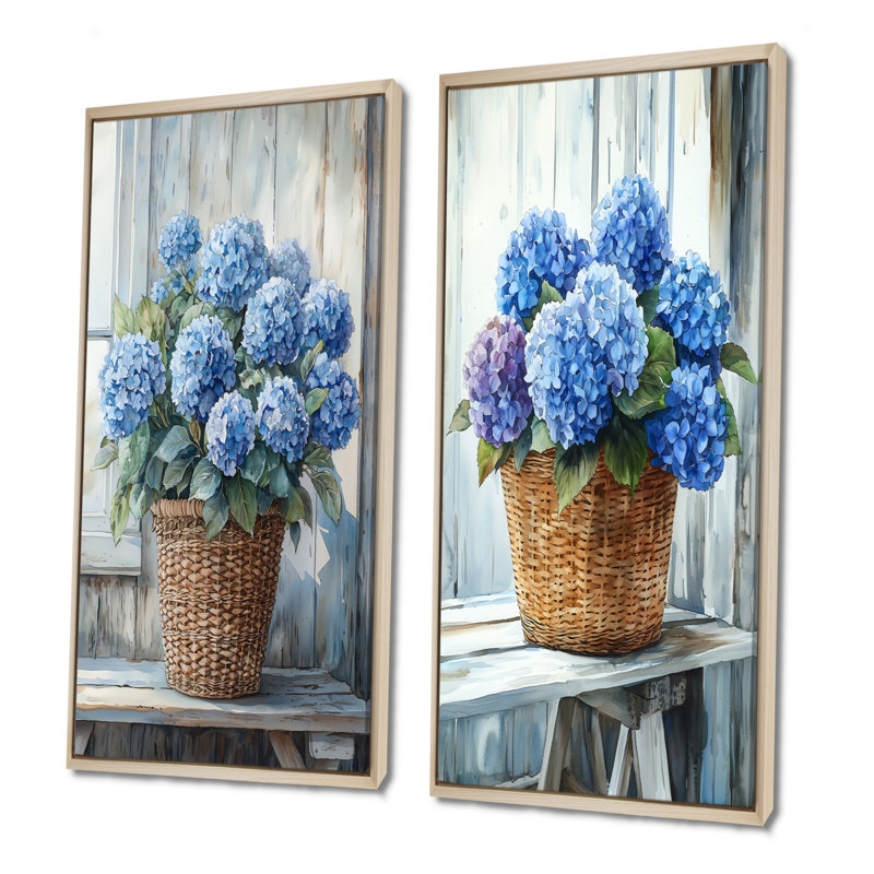 Hydrangeas In A Farm Basket I - Floral Canvas Prints 2 Panels Collection, H 40 po x l 41 po, Cadre crème crème