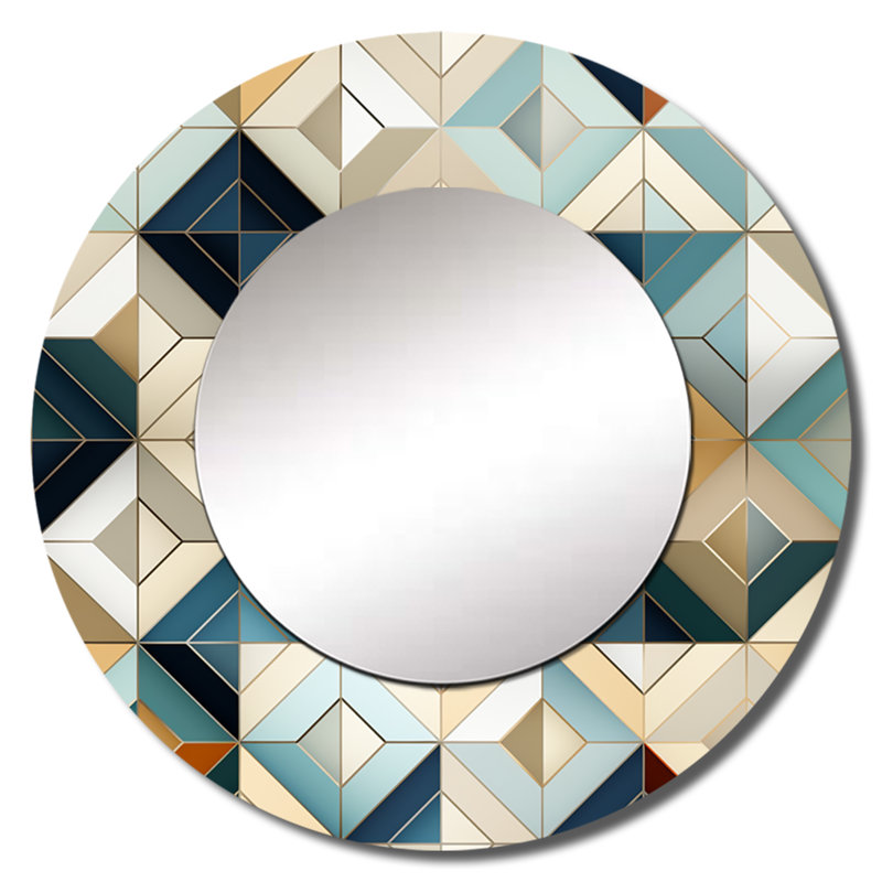 Antique Beige Vintage Tiles - Geometric  Mirror, Modern Round Unique Wall Mirror, Printed Metal Art, 36" x 36"