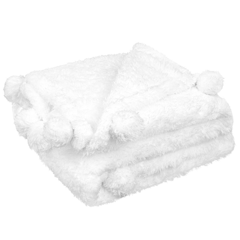 White Sherpa Fleece Throw Blanket with Pom Pom Fringe