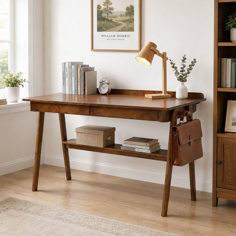Bureau d'écriture en bois massif avec tablettes de rangement et crochets latéraux, Marron foncé