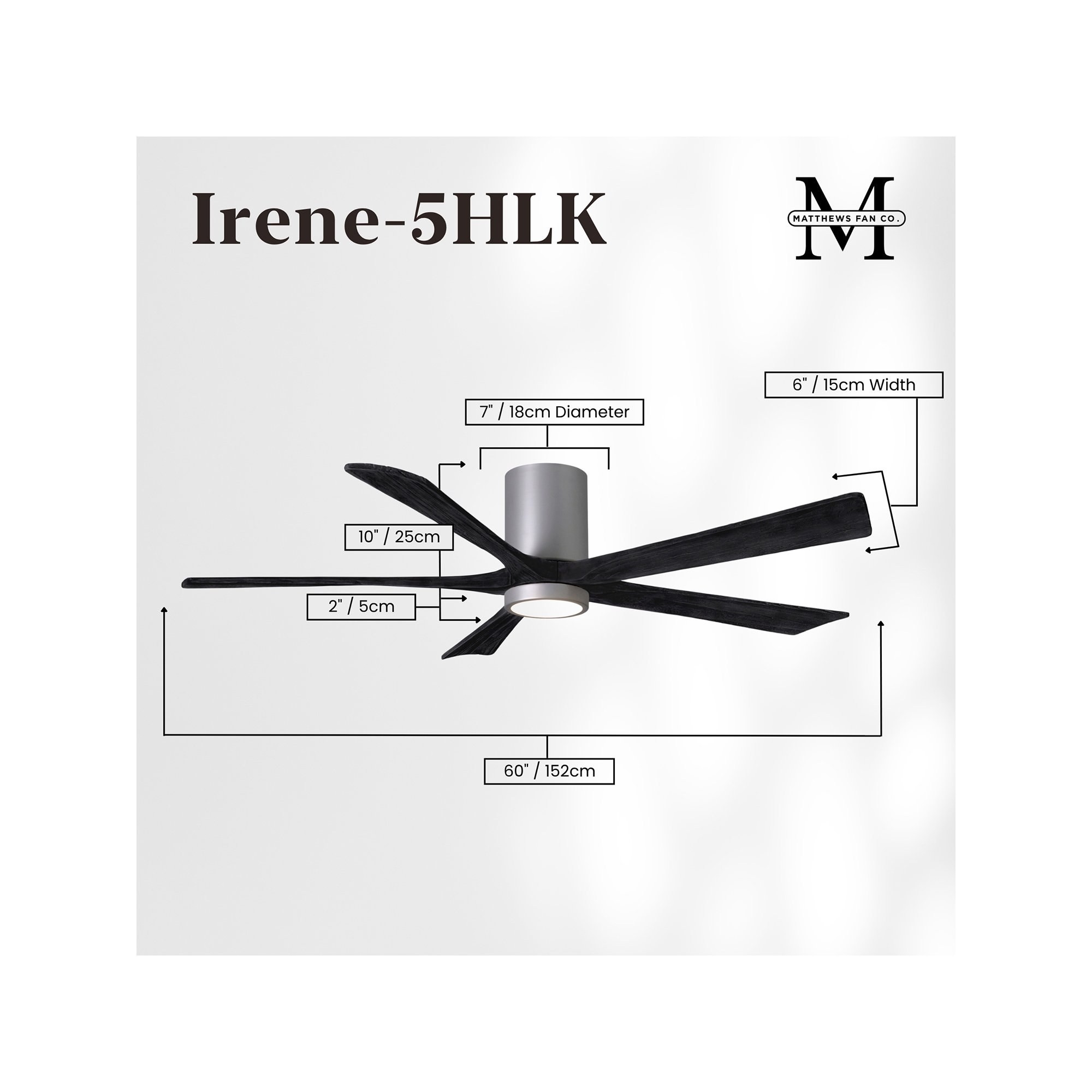 Irene 5 - Blade LED Ceiling Fan with Light Kit Included, 60", Matte Black, Brushed Nickel