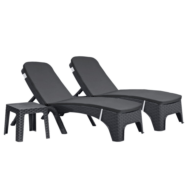 Outdoor Wicker Chaise Lounge Set with Table , Cushion Included, White, Gray