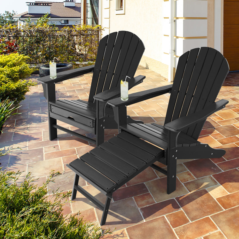 Calaway Outdoor Adirondack Chair With Ottoman,  Black
