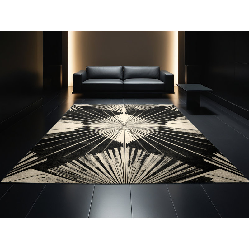Machine Washable Manhasset Art Deco Starburst Rug in Black – Black Binding, 8x12