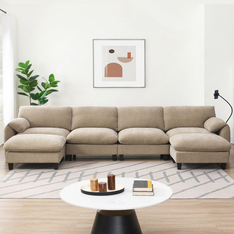 Canapé modulaire, canapé modulaire de 140 po en forme de U avec coussin de siège extra large de 31,5 po, chargeur USB et de type C, support pour téléphone et 2 poches de rangement latérales, repose-pieds à mouvement libre, chenille rayée