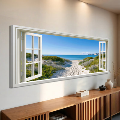 Ocean Canvas Wall Art - Large Green Bush Beach Open Window Canvas Print Bright Clear Sky Seaside Horizontal Artwork Painting for Living Room Bedroom Home Decor