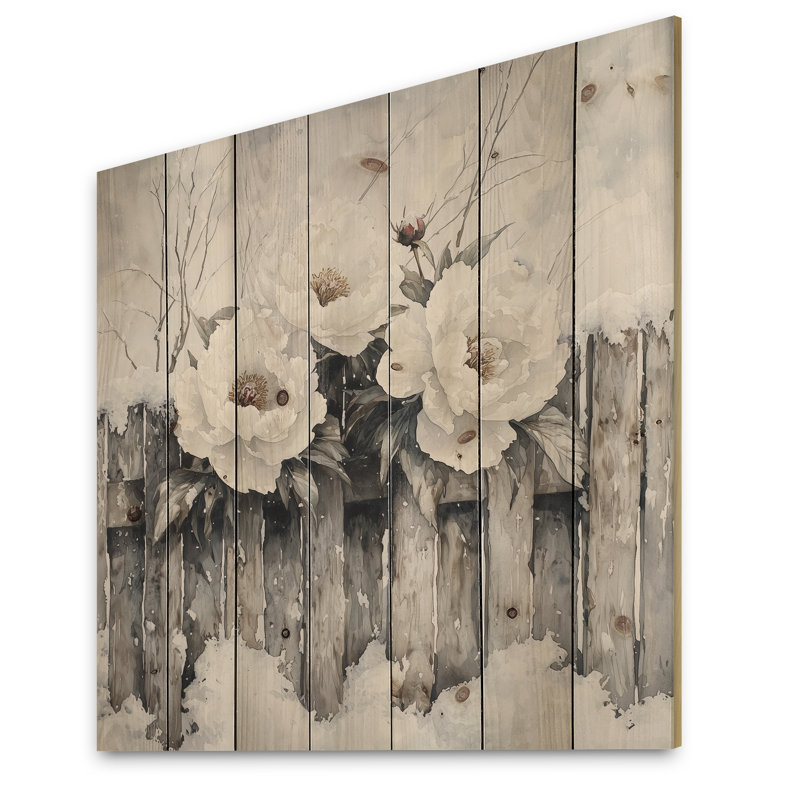 Peonies By The Snowy Fence In Winter I - Peonies Wood Wall Decor - On Natural Pine Wood, 15" H x 15" W x 0.78" D