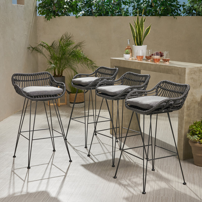 Endicott Wicker Outdoor 30'' Bar Stool with Cushion, Gray Frame / Dark Gray Cushion, 4
