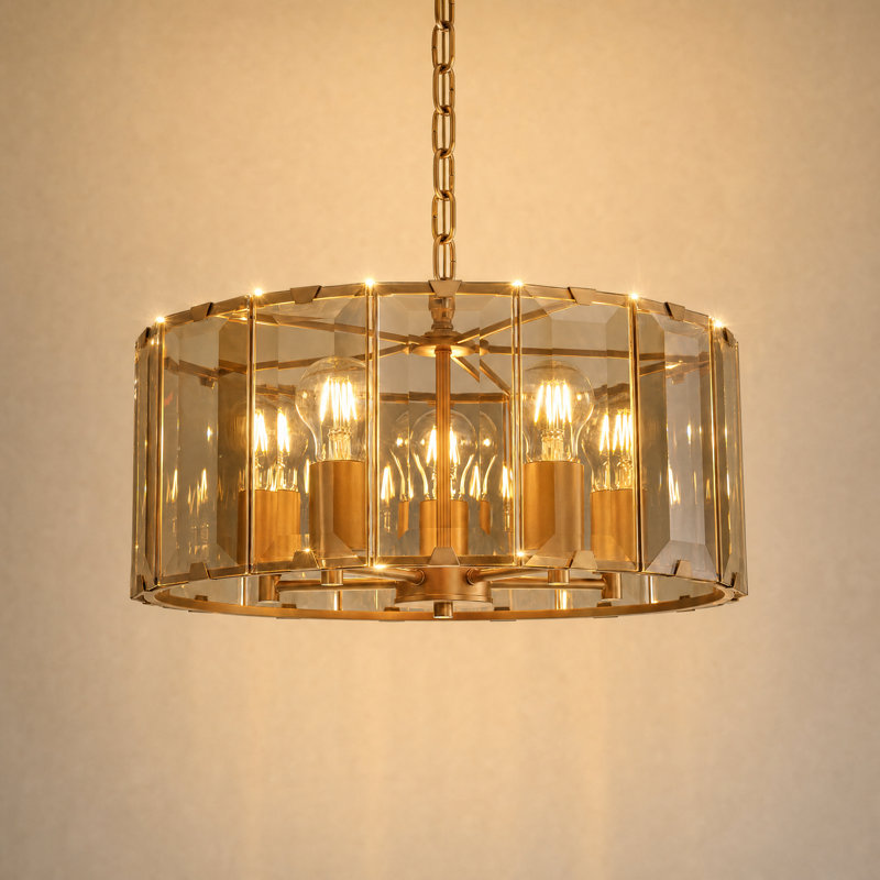 19" 5-Light Gold Cognac Flat Panel Glass Drum Chandelier