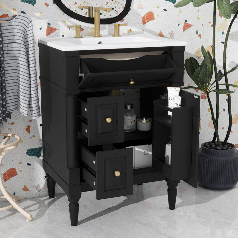 Meuble-lavabo de salle de bain avec lavabo intégré, armoire autoportante avec tiroir rabattable et tablette réglable à l'intérieur