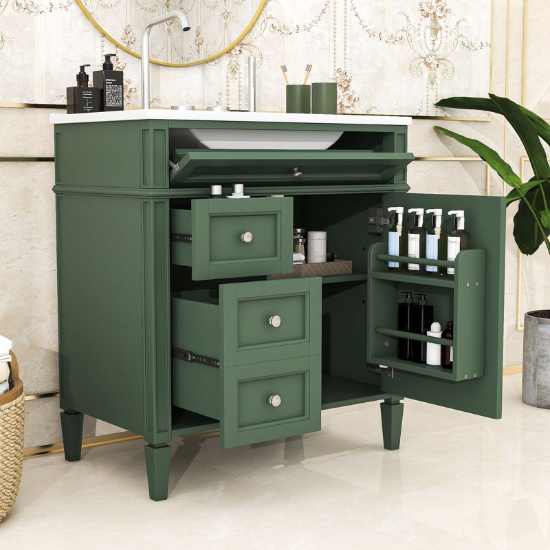 Meuble-lavabo de salle de bain avec comptoir en céramique et plateau coulissant en céramique sriyaan, Vert, Argent argent