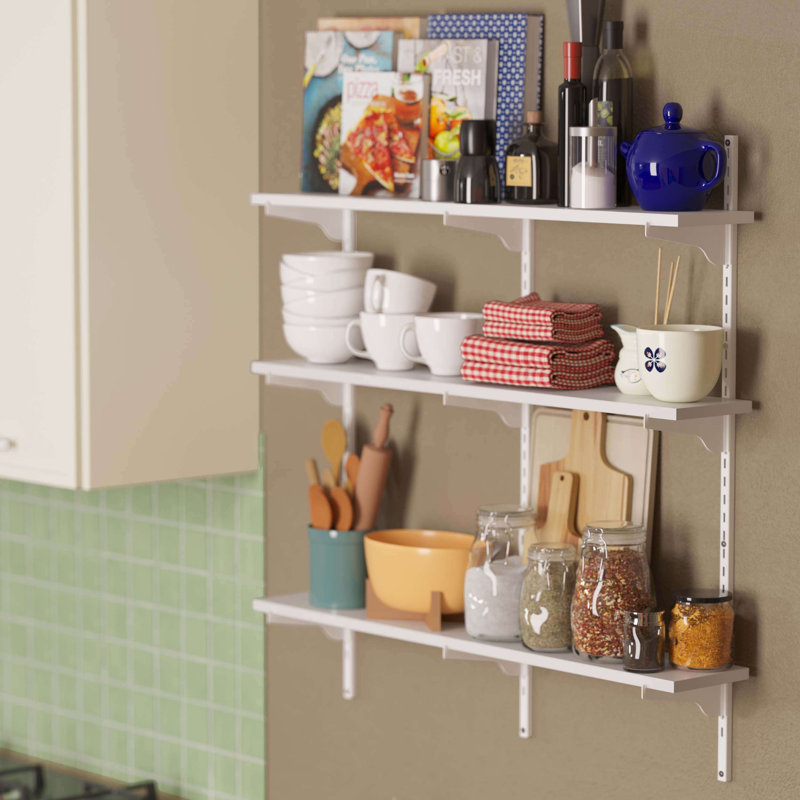 Height Adjustable Wall Shelf with 36'' Long x 6'' Deep White Board and 3 Tier White Bracket Set