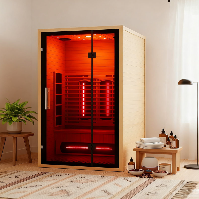 Sauna infrarouge à spectre complet pour 2 personnes, sauna intérieur en bois de pruche canadien avec lumière Wi-Fi améliorée, haut-parleur, barre d'oxygène, lecture et lumière étoilée à 7 couleurs, 1750 W, 110 V