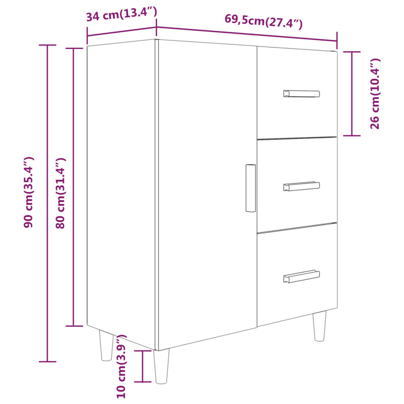 Hurty 69.5Cm Wide 3 Drawer Sideboard, Grey Sonoma