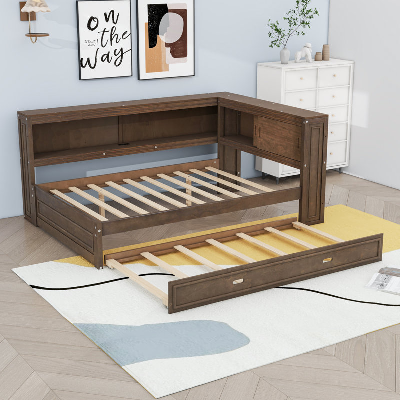 Lit de jour double en bois avec tablettes, USB, DEL et lit gigogne, Bois antique