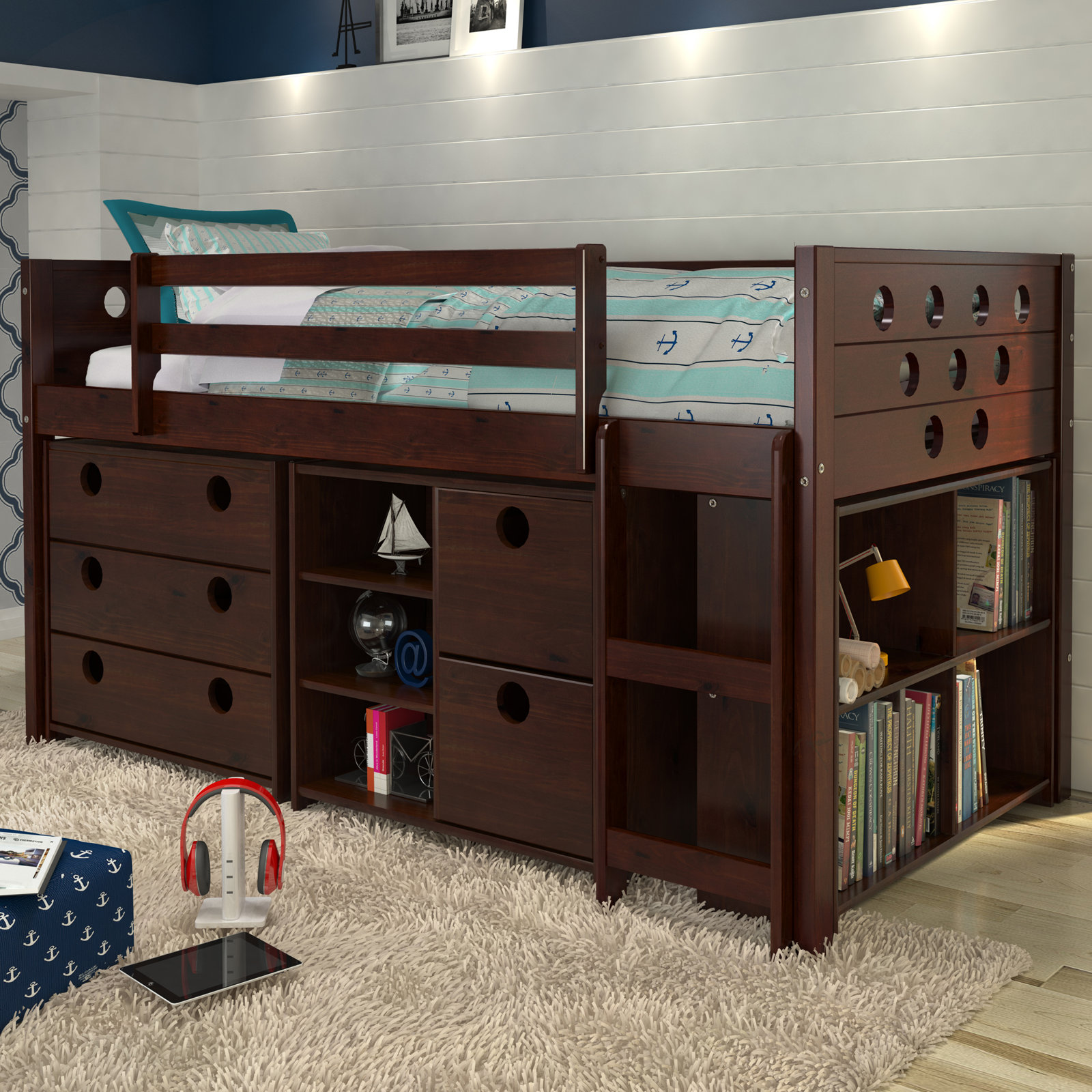 Abey Twin Loft Bed with Storage, Dark Cappuccino