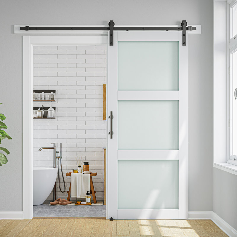 3-Lite Frosted Glass and Wood Panelled Barn Door with Installation Hardware Kit, 28" x 84"