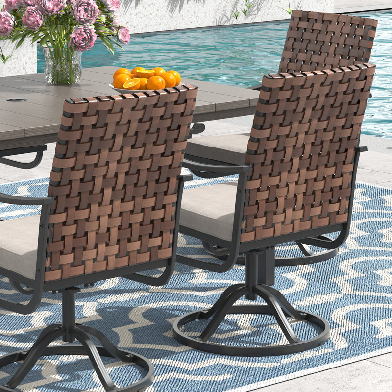 6-Person 63" L Rectangular Outdoor Dining Set With Cushioned Swivel PE Rattan Dining Chair, Brush Wood Brown/Black