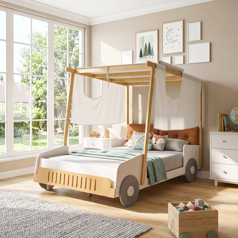 Lit plateforme en forme de voiture en bois massif naturel avec coussin, support de plafond et pied de lit, Lit double