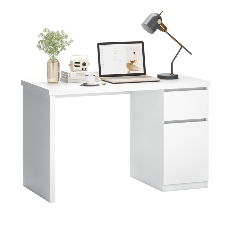 Computer Desk with Drawer - Wooden Desk with Storage Cabinets, White, 29.4" H x  43.3'' W x 17.7'' D