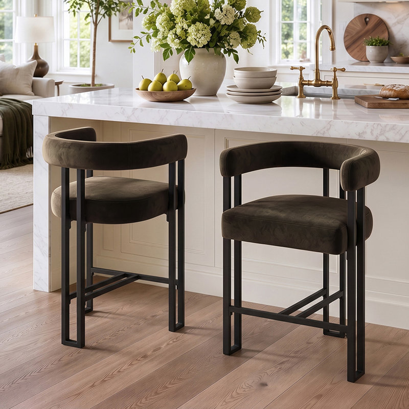 Tabouret de comptoir 24 po avec accoudoirs rembourrés en velours (ensemble de 2), Brun chocolat