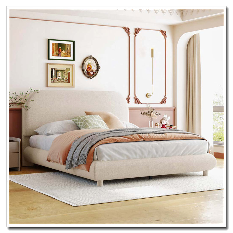 Lit plateforme tapissier Teddy, Beige, Lit double