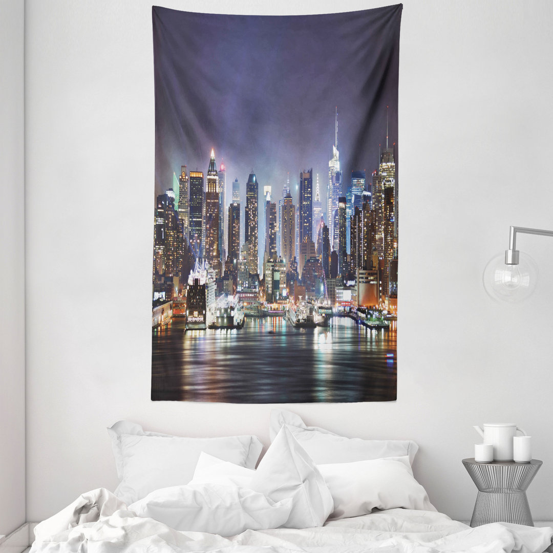 Wandteppich, Manhattan Skyline bei Nacht, Blau und Orange