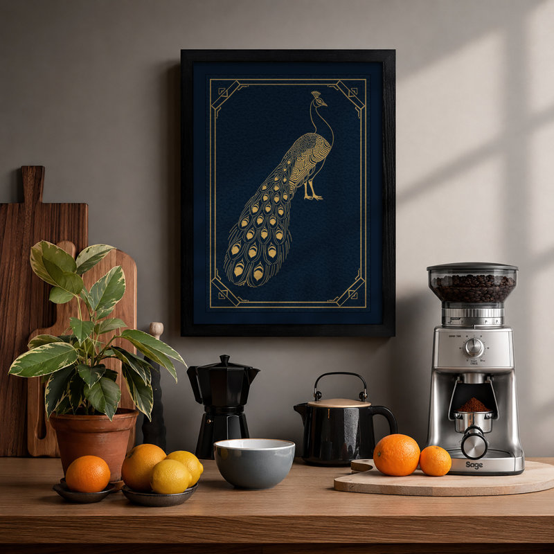 Golden Peacock Display Art Deco - Framed Print, A3 - 42.0 x 29.7 cm, Black