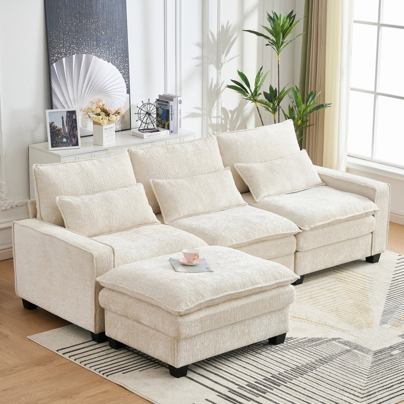 99-Inch Deep Seat Sectional Sofa, Beige Chenille