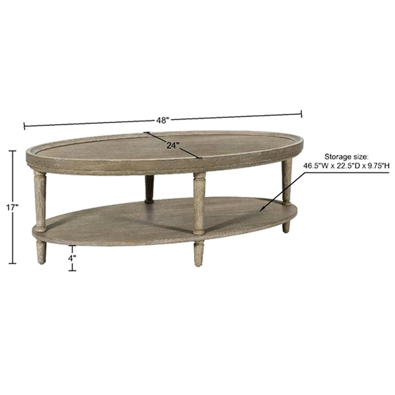 Table basse ovale rustique avec étagère de rangement, style élégant, pieds tournés, finition grège recyclée pour une ambiance rétro et un charme irrésistible.