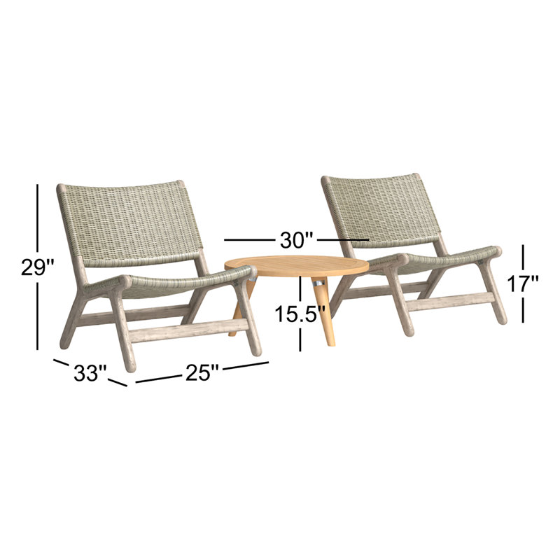 Verge Outdoor 3 - Piece Teak Conversation Set, Driftwood Gray