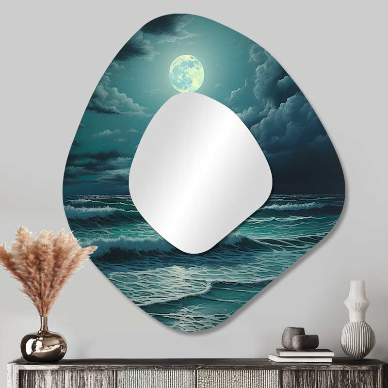Super lune au-dessus de la mer IV - miroir mural de forme irrégulière bleue, miroir décoratif asymétrique de lune, impression d'art en métal