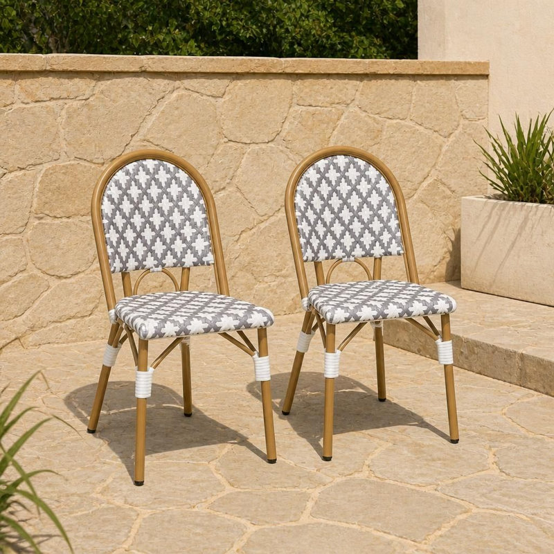 Ensemble de 2 chaises bistro françaises d'extérieur avec rotin en PE tissé à la main et structure légère en aluminium résistant à la rouille, assise de patio résistante aux intempéries