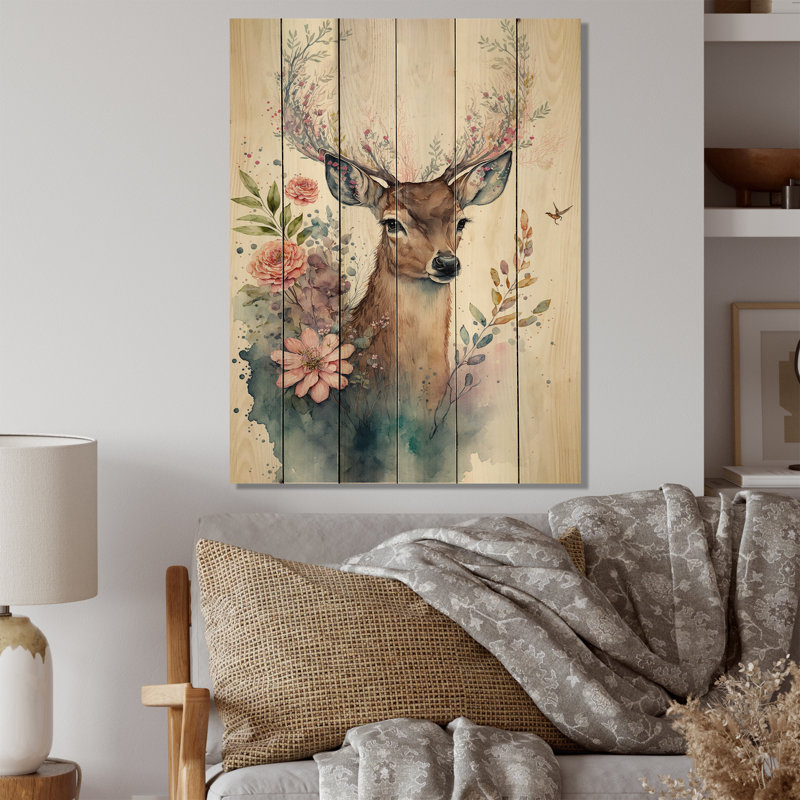 Mignon petit cerf avec des fleurs roses - impression sans cadre sur bois, H 20 po x l 12 po x P 1 po
